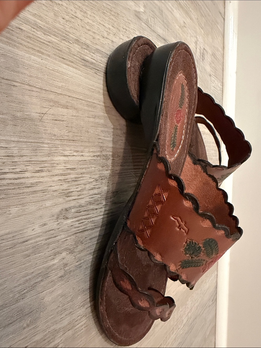 Brown Leather Floral Slide Sandals with Red Rose Detail - Picture 9 of 12